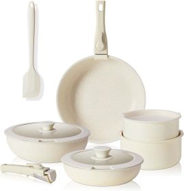 12 pcs Pots and Pans Set, Nonstick Kitchen Induction Cookware Suit with Detachable Handle, Dishwasher Oven Safe, Milky White
