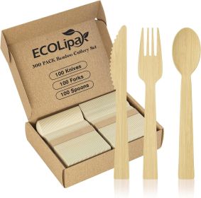 300 Count Bamboo Cutlery Set, 100 Knives, Forks and Spoons each, No Splinters Disposable Cutlery Set Compostable Utensils for Party, Camping