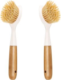 2 Pack Kitchen Dish Brush Bamboo Handle Dish Scrubber Built-in Scraper, Scrub Brush for Pans, Pots, Kitchen Sink Cleaning